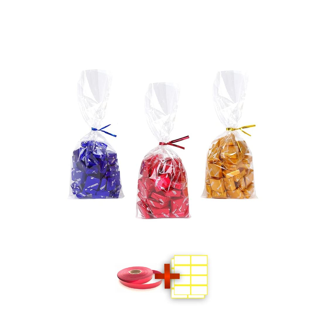 Sacchetti trasparenti con nastro ed etichette (100 pz)