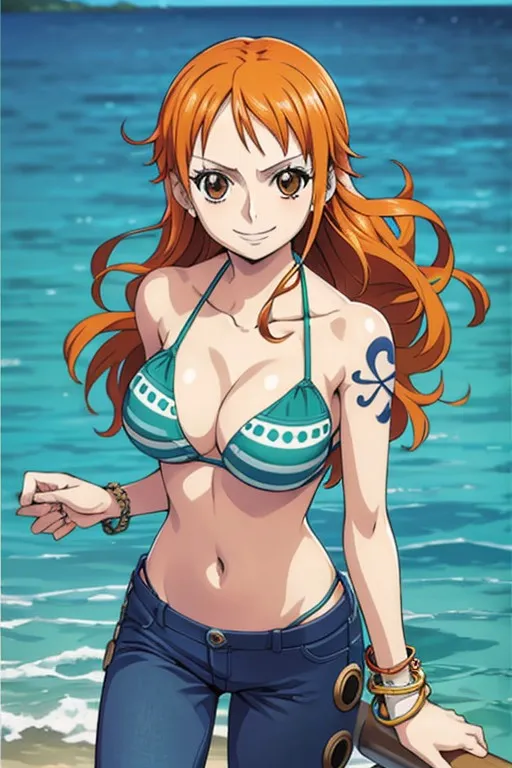 Nami - Nami is the navigator of the Straw Hat Pirates and one of the Senior Officers of the Straw Hat Grand Fleet. She is the third member of the crew and the second to join, doing so during the Orange Town Arc. She is the adoptive sister of Nojiko after the two were orphaned and taken in by Bell-mère.

She was formerly a member of the Arlong Pirates and initially joined the Straw Hats so that she could rob them in order to buy back her village from Arlong. However, she legitimately joined the Straw Hats after they rebelled against and defeated Arlong. Her dream is to make a map of the entire world.