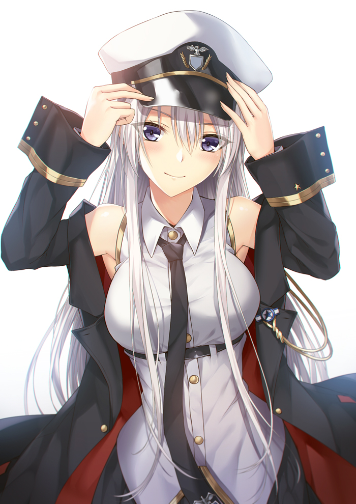 Enterprise - White hair and violet eyes, and she wears a sleeveless white vest, black short skirt with gold lining, and a black, sleeved cape with a red interior.
