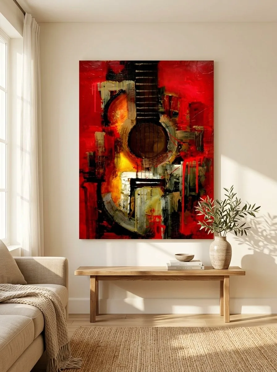 Abstract acoustic guitar red black and gold canvas wall art