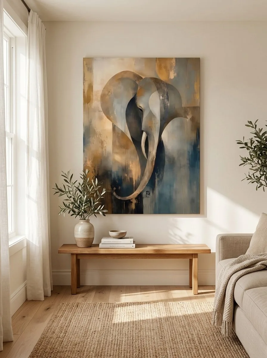 Abstract elephant beige grey and gold canvas wall art