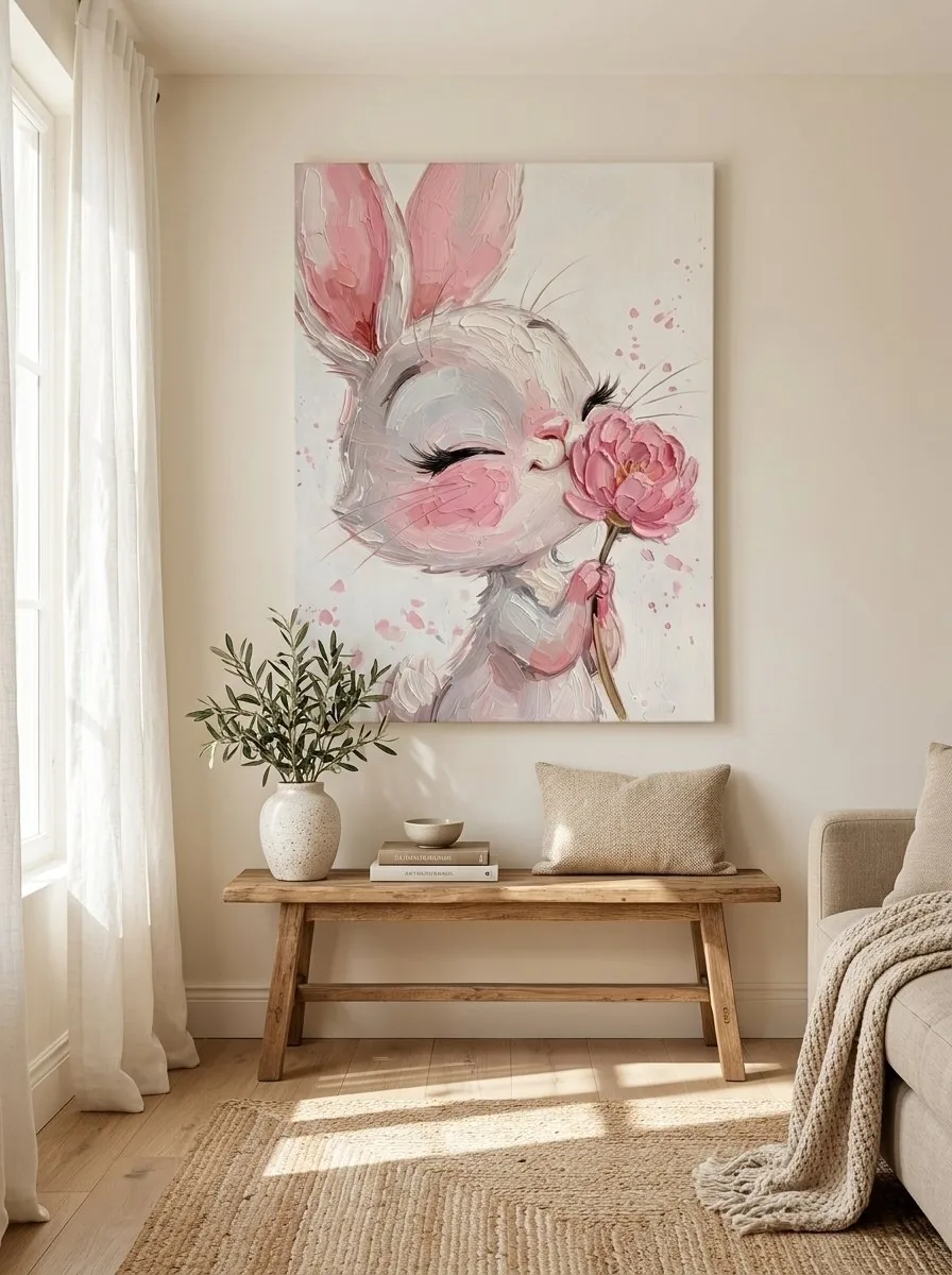 Cute bunny rabbit pink peony flower canvas wall art
