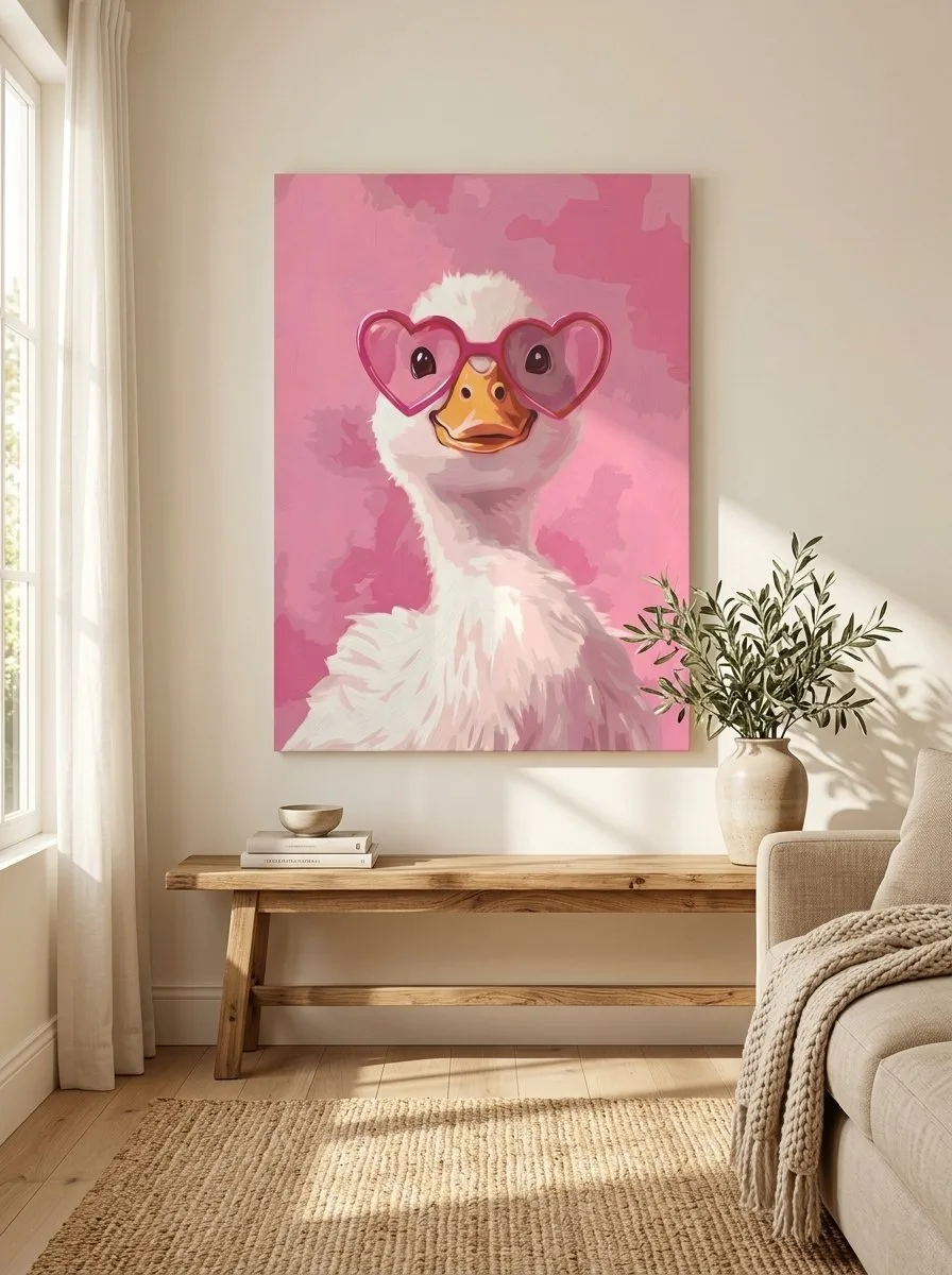 Cute duck with pink heart sunglasses canvas wall art