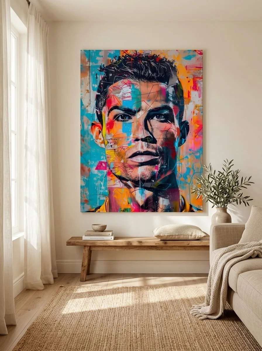 Colorful pop-art footballer portrait canvas wall art for living room