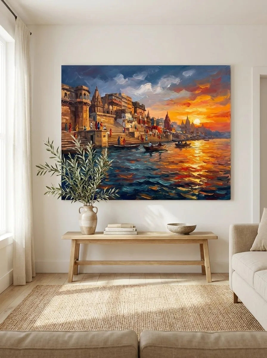 Varanasi ghats sunset canvas wall art, golden temples and boats on the Ganges river
