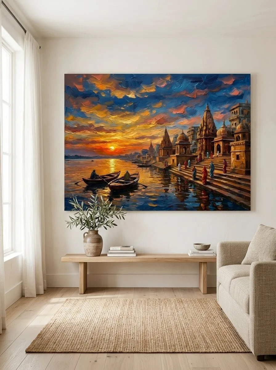 Golden hour over Varanasi ghats impasto canvas wall art for living room with temples, river steps, boats and colourful saris
