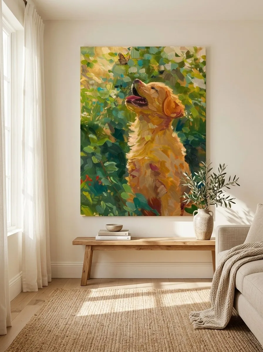 Golden retriever puppy with butterfly canvas wall art for kids room