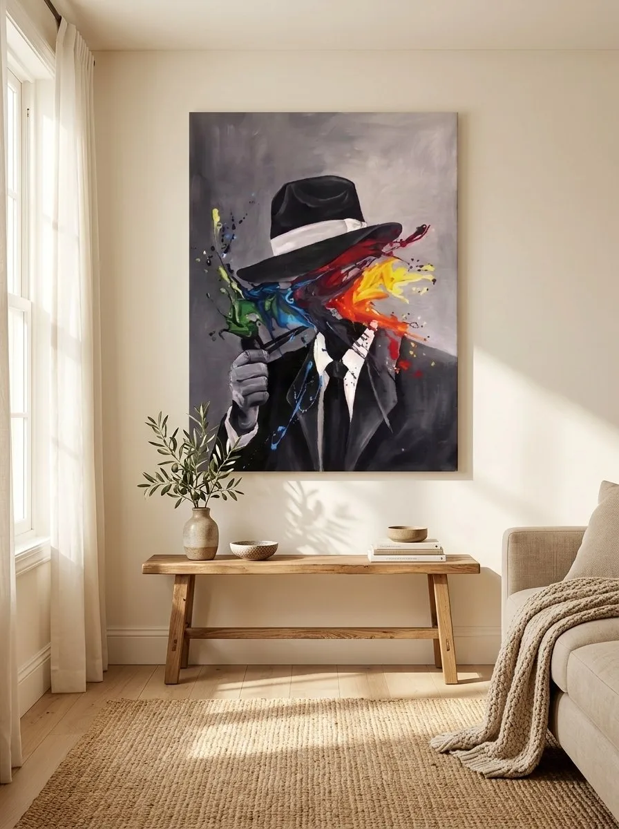 Man in fedora hat color splash portrait canvas wall art