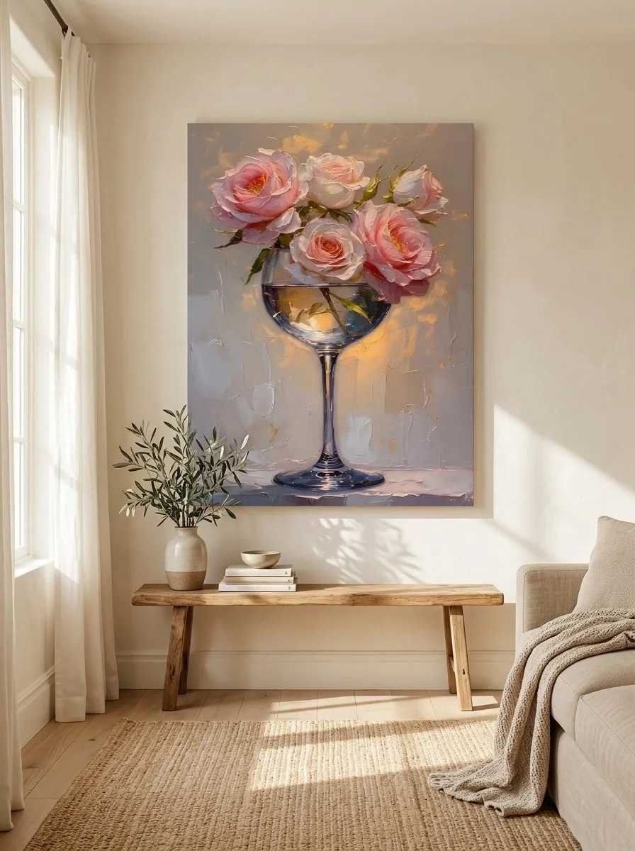 Pink roses in wine glass beige and gold canvas wall art