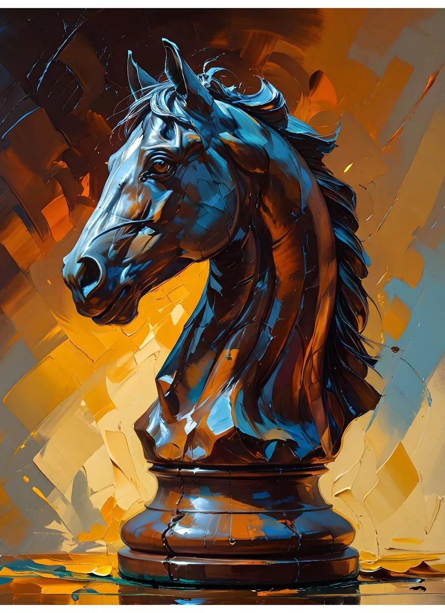 Metallic chess knight horse head blue and gold canvas wall art