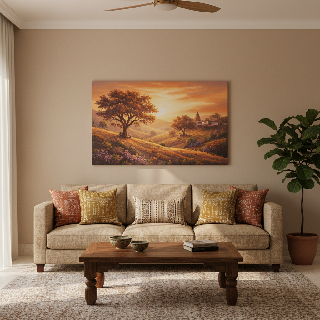 Large landscape canvas print hung at eye level above a beige three-seater sofa in a warm living room