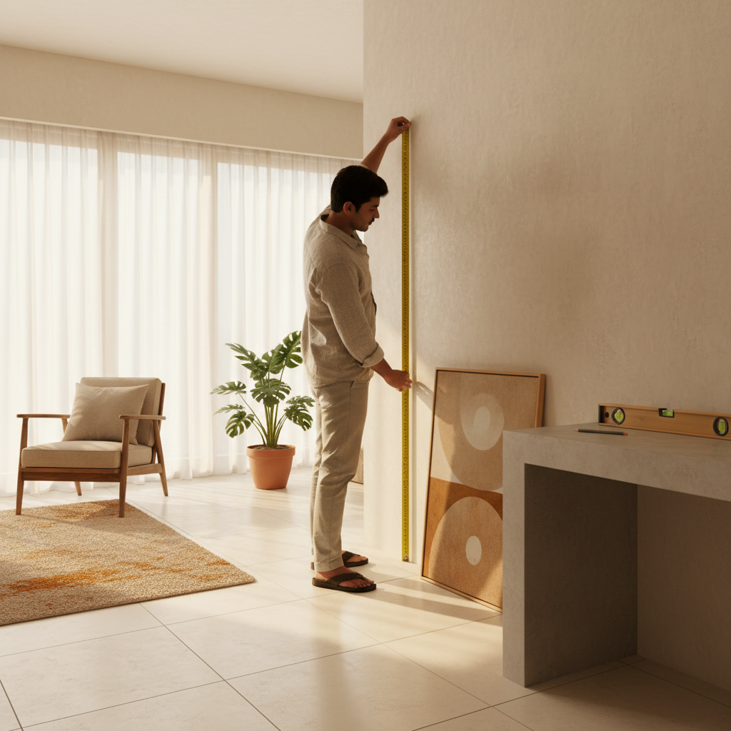 Person measuring the hanging height for a canvas print against a living room wall with a tape measure