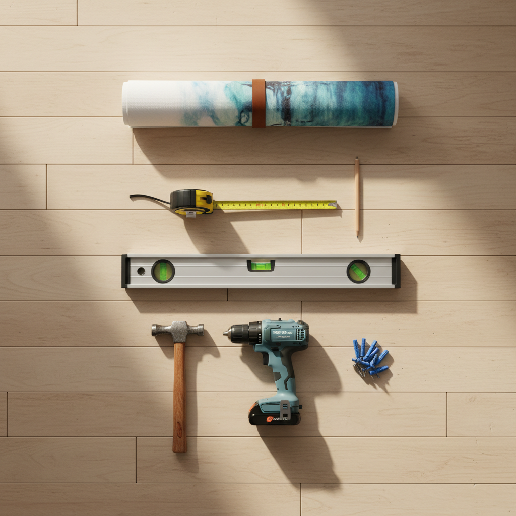 Canvas hanging tools laid out on a wood floor: measuring tape, pencil, spirit level, hammer, drill, wall plugs and a rolled canvas print