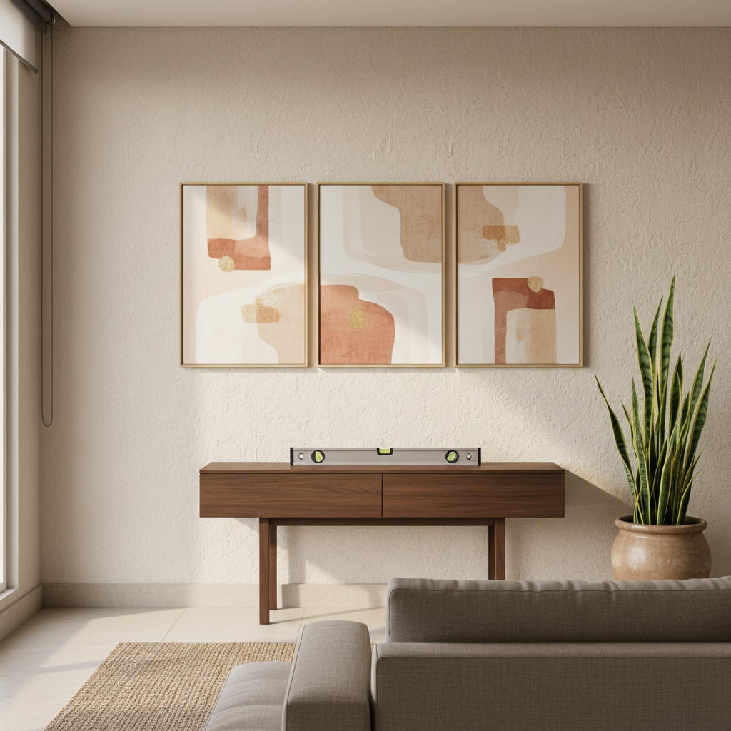 Three matching canvas prints evenly spaced as a gallery wall above a wooden console table in a modern living room