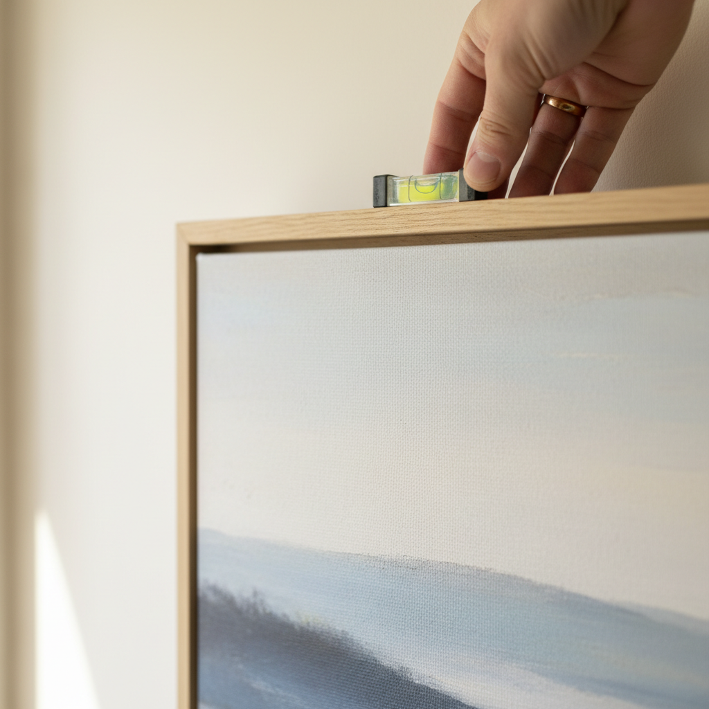 Close-up of a spirit level held against the top edge of a stretched canvas print to check it is straight