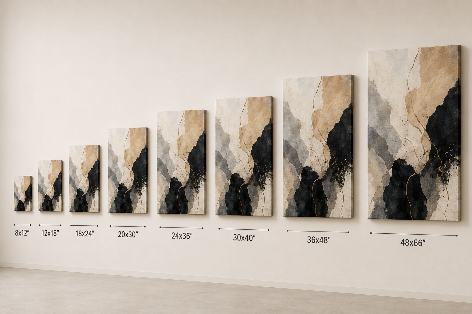All eight Prizt canvas print sizes side by side, from 8 x 12 to 48 x 66
