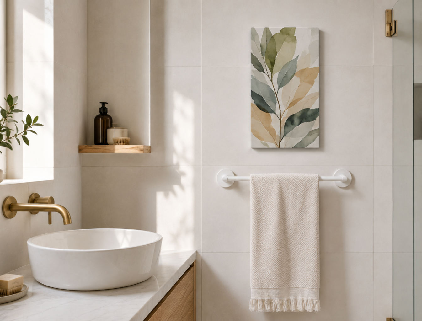 Small 8 x 12 and 12 x 18 canvas prints in a compact bathroom and above a desk
