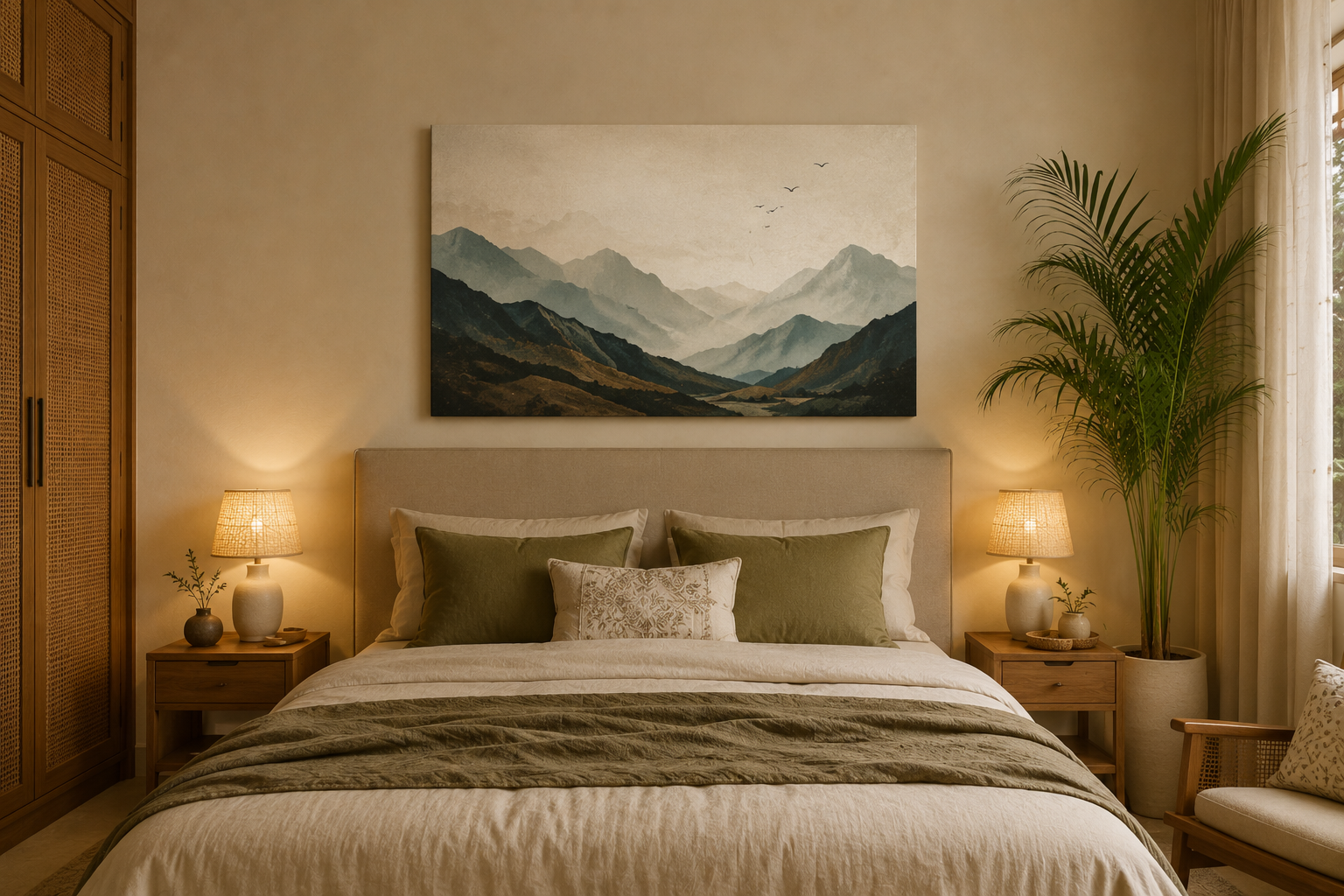 24 x 36 canvas print hanging above a bed in a mid-size bedroom