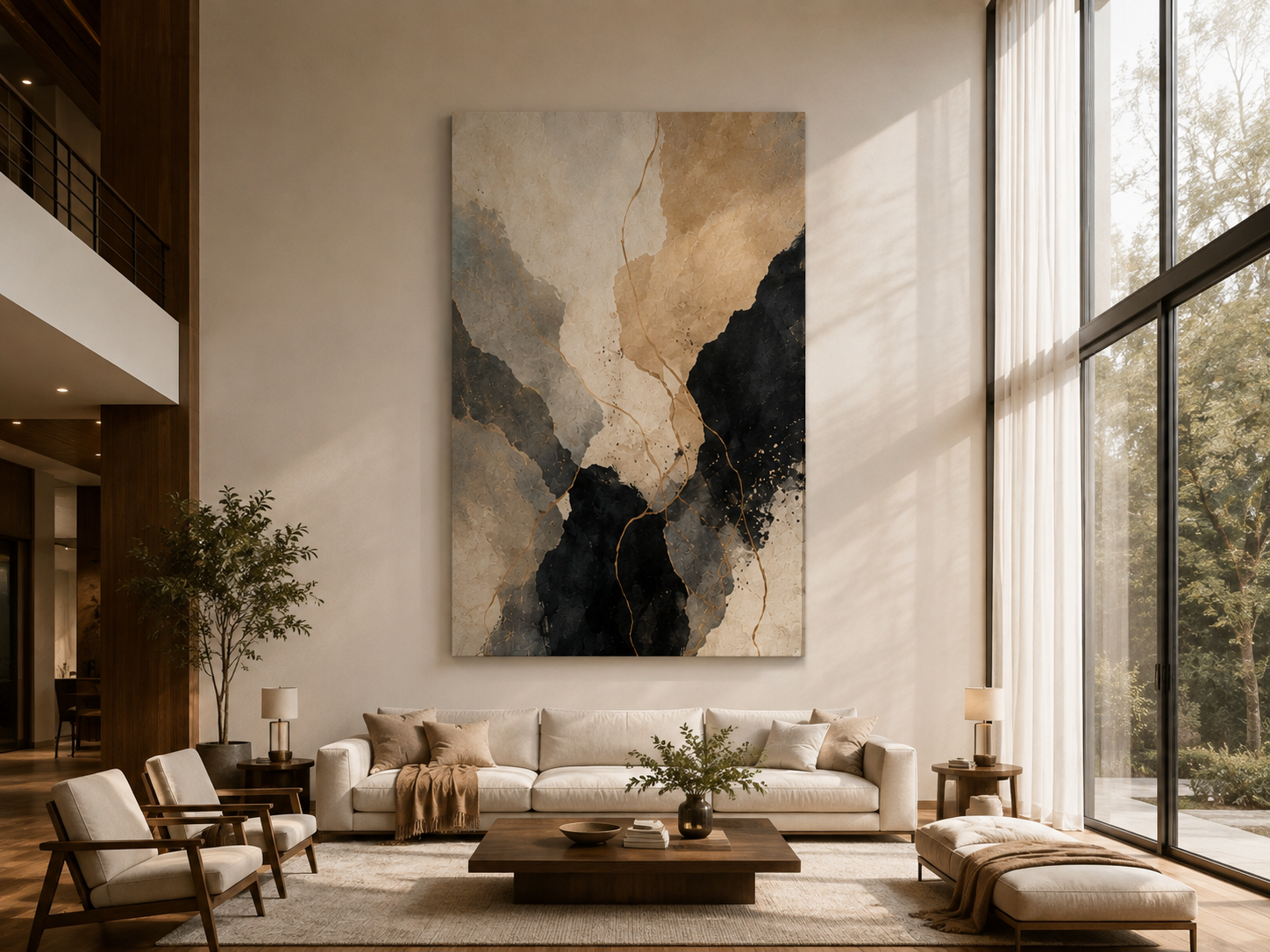 Large 48 x 66 statement canvas print above a three-seater sofa in a spacious living room