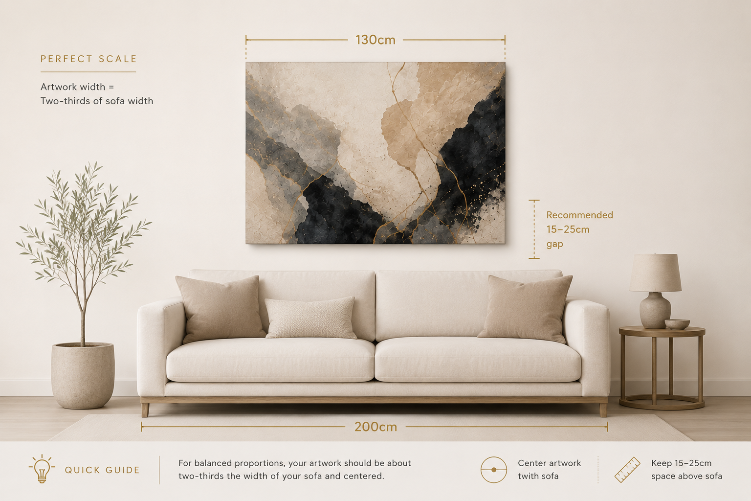 Diagram of the two-thirds rule measuring canvas width against sofa width