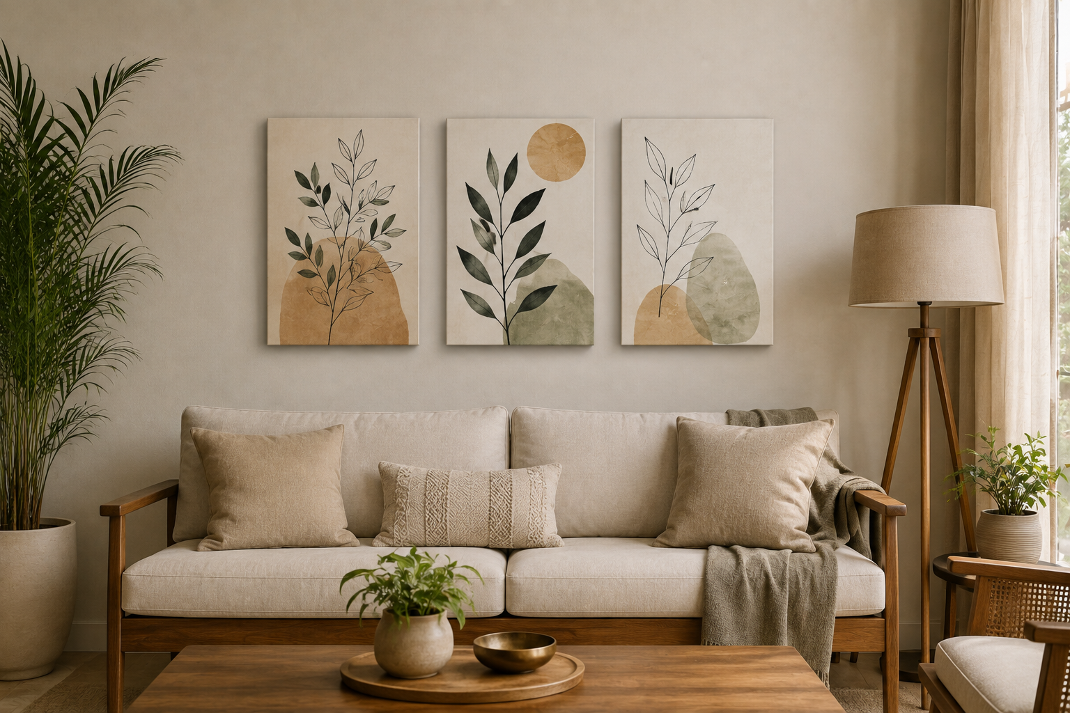 Three matching 12 x 18 canvases hung as a set above a sofa
