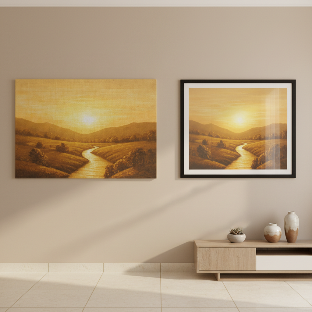 A gallery-wrapped canvas print and a framed print of the same landscape hanging side by side on a light wall to compare the two formats