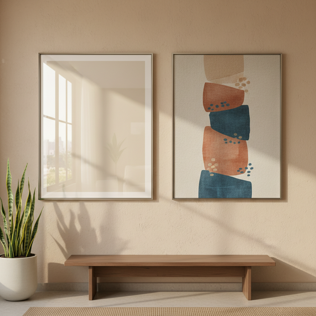 A glass-framed print opposite a bright window showing heavy glare and reflections, beside a matte canvas print that stays glare-free