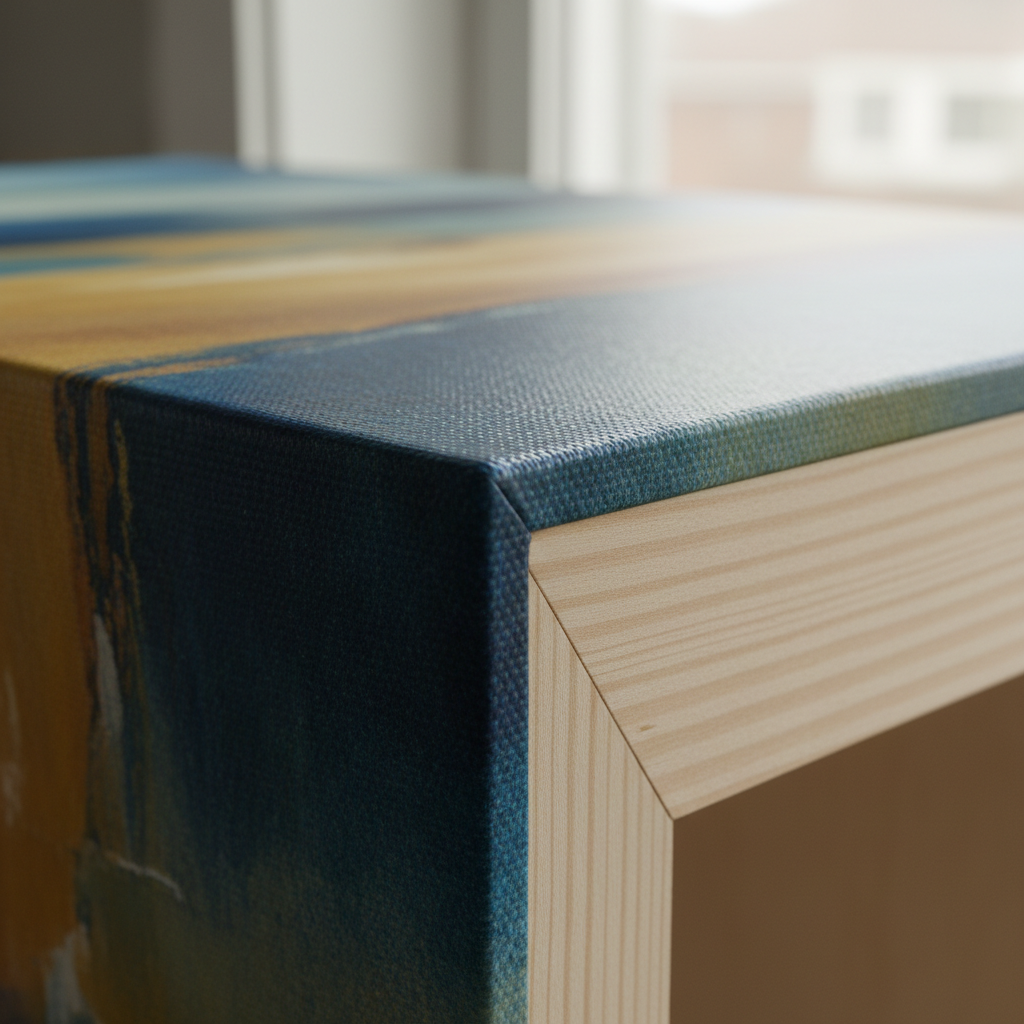Close-up of the folded corner of a gallery-wrapped canvas print with the artwork wrapping around the wooden frame and visible canvas texture