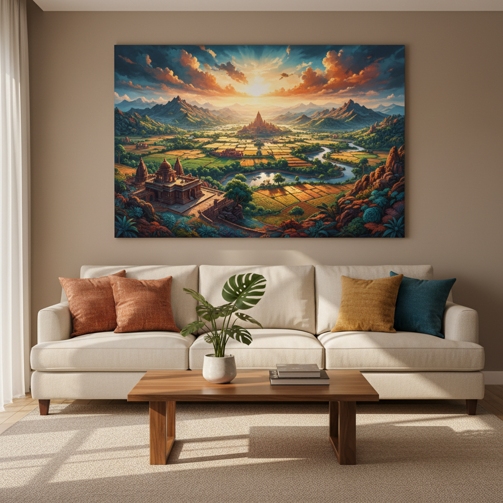 A large gallery-wrapped canvas print hanging above a beige three-seater sofa in a bright modern Indian living room