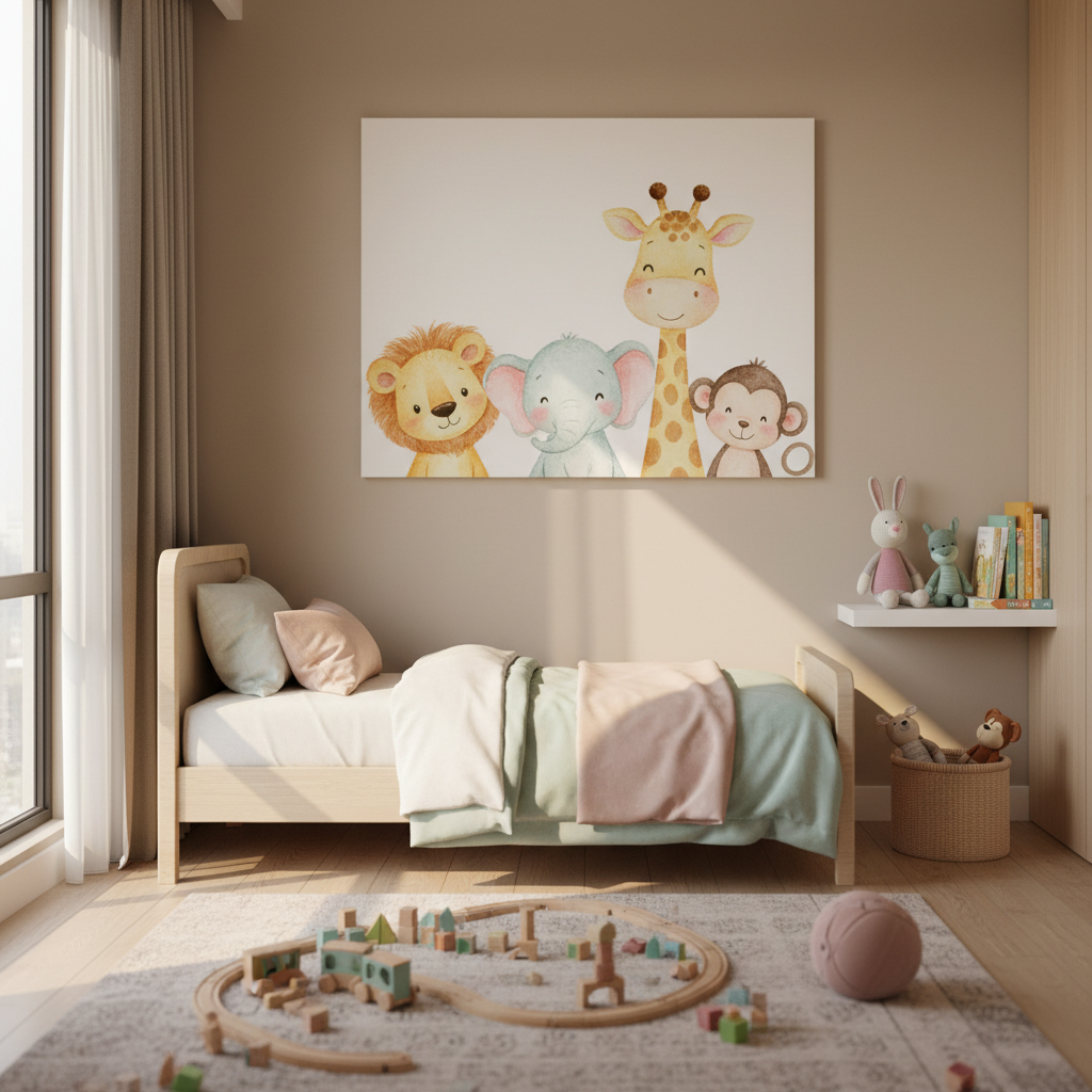 A colourful frameless canvas animal print hanging above a single bed in a cheerful child's bedroom with pastel decor and toys