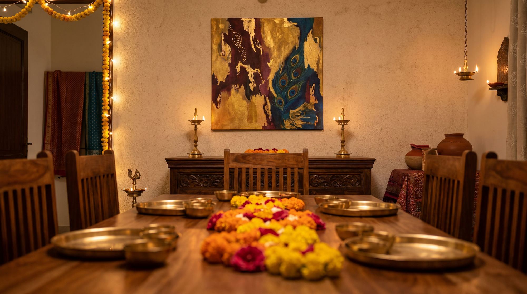 Dining room set for Diwali dinner with a peacock-feather festive canvas above the sideboard, brass thalis and a marigold runner on the table