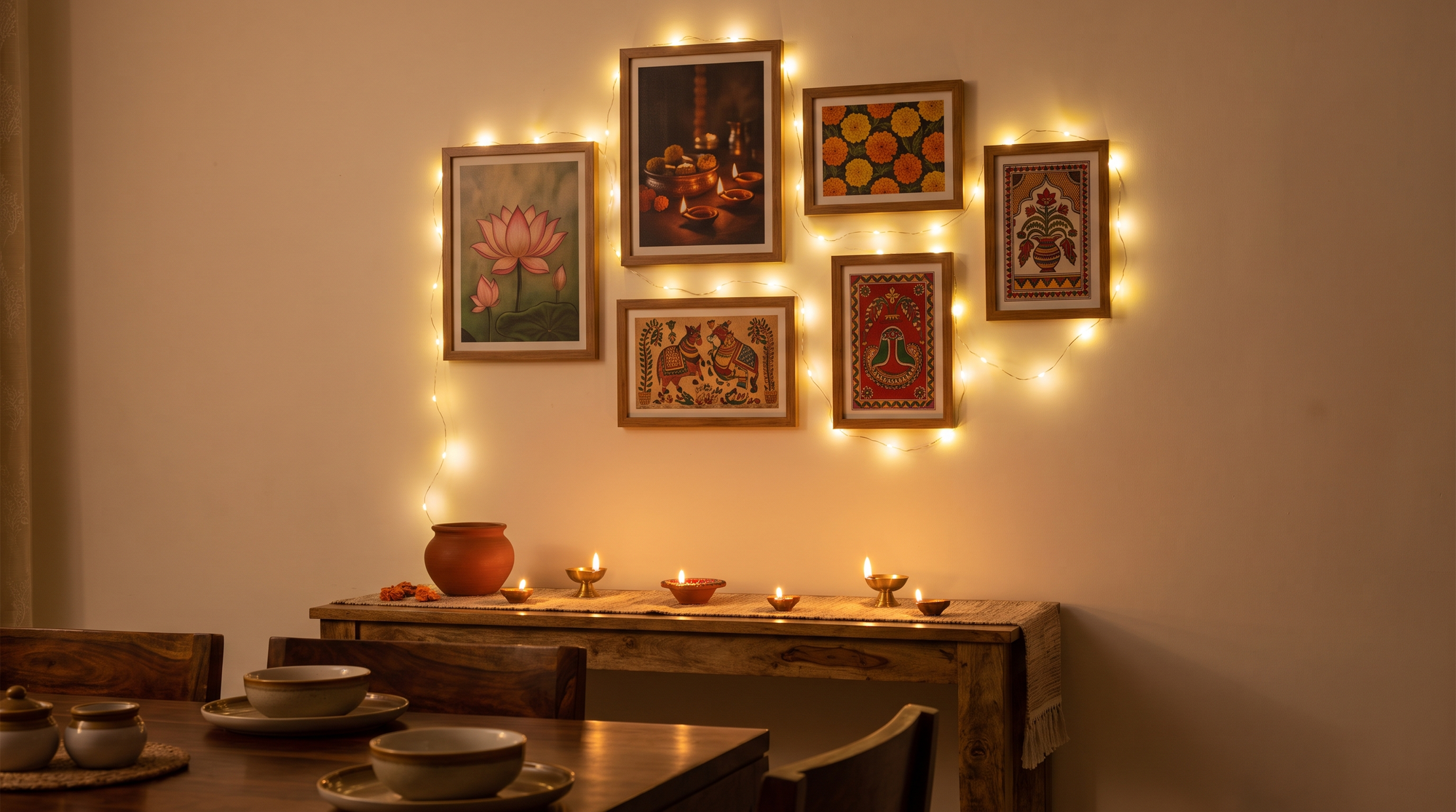 Dining corner gallery wall of six festive framed prints wrapped in warm fairy lights above a console with brass diyas