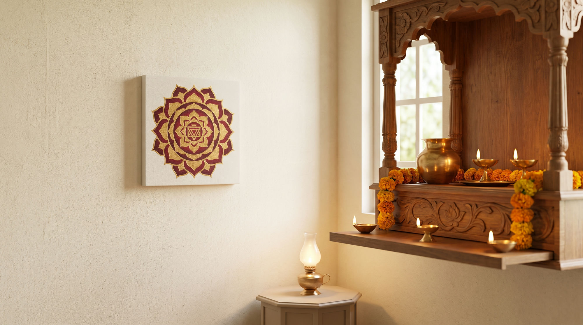 Pooja room corner with a lotus mandala canvas beside a wooden mandir shelf decorated with brass diyas and marigold garlands