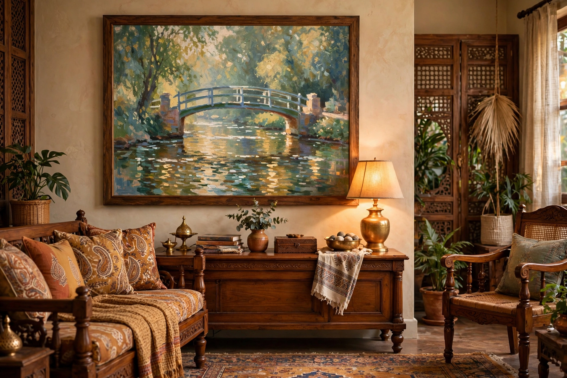 Large impressionist bridge canvas above a teak console in a traditional living room