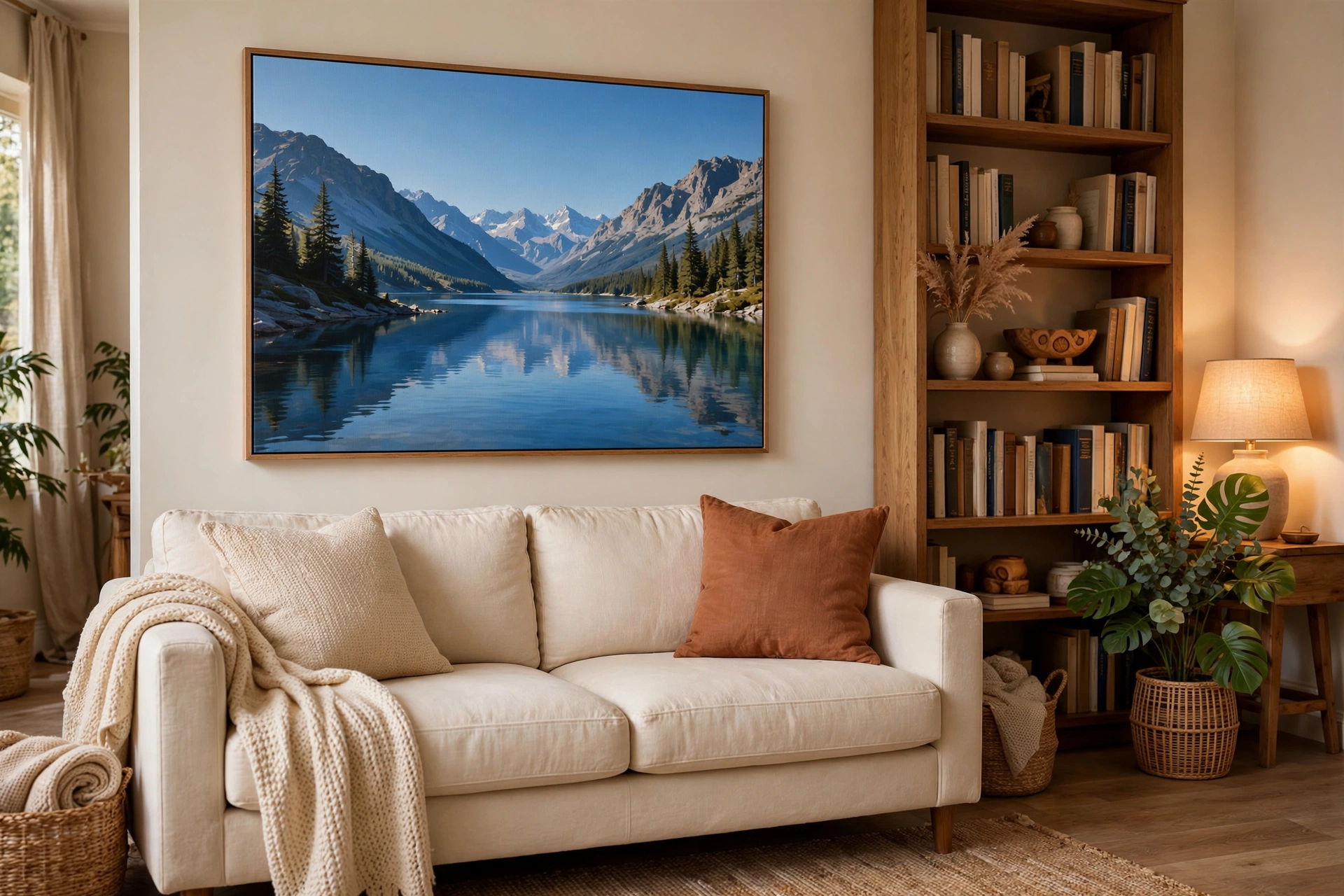 Large canvas hung at eye level above a cream sofa