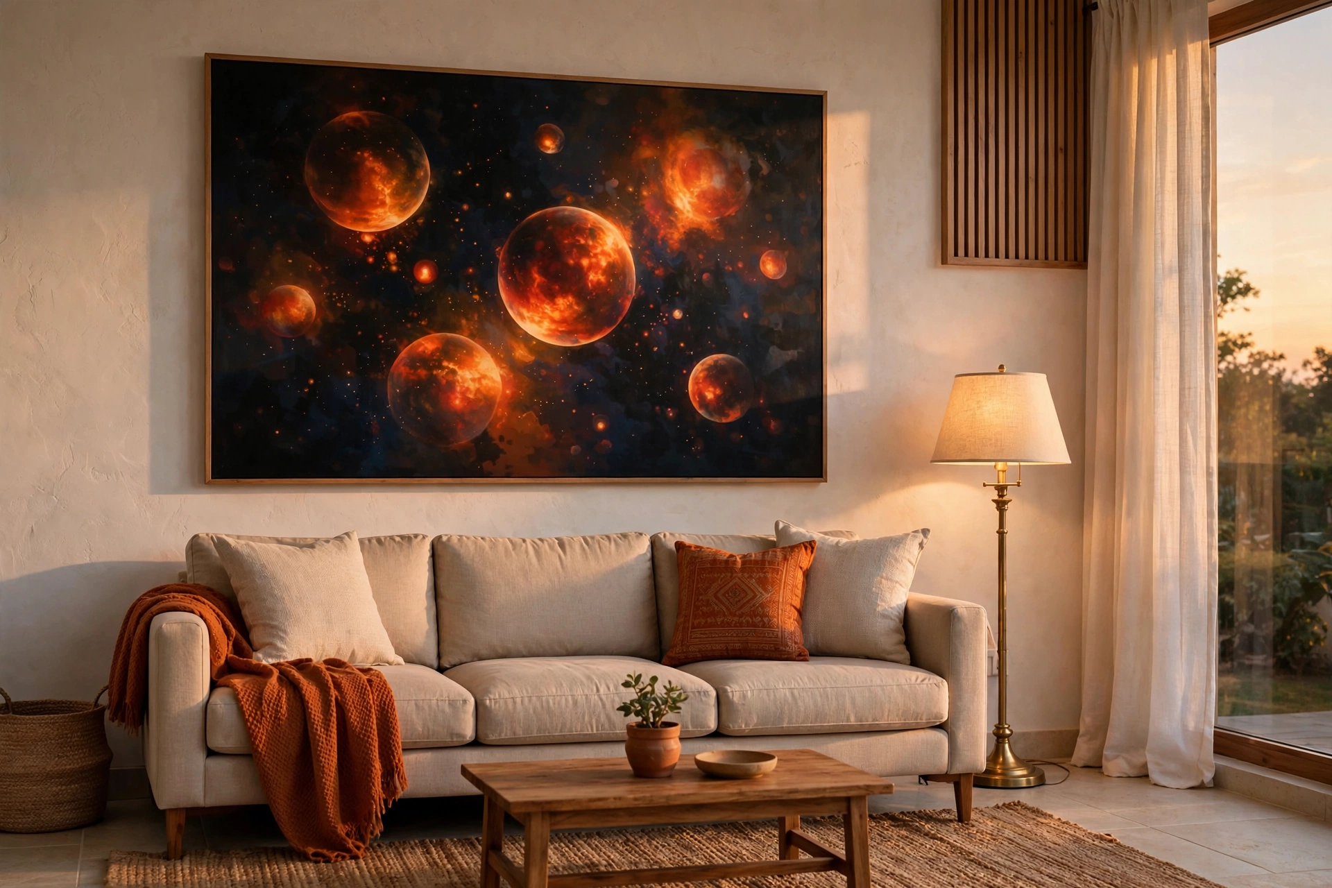 Large abstract canvas with orange celestial orbs above a beige sofa in a modern living room