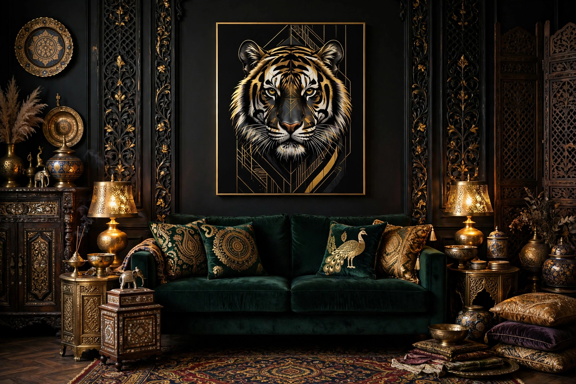 Large black and gold tiger canvas above a green velvet sofa