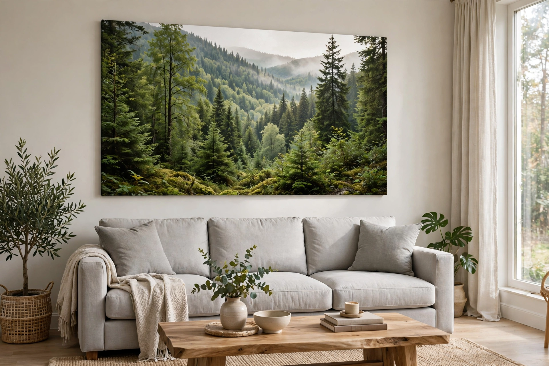 Large forest landscape canvas sized to two-thirds of a grey sofa