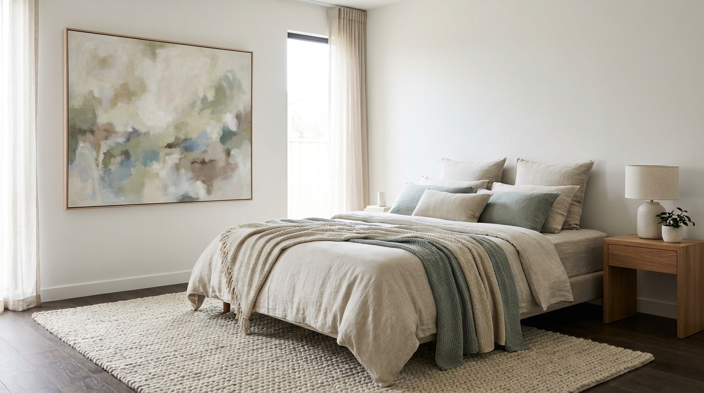 Calm bedroom with an abstract canvas whose tones match the bedding