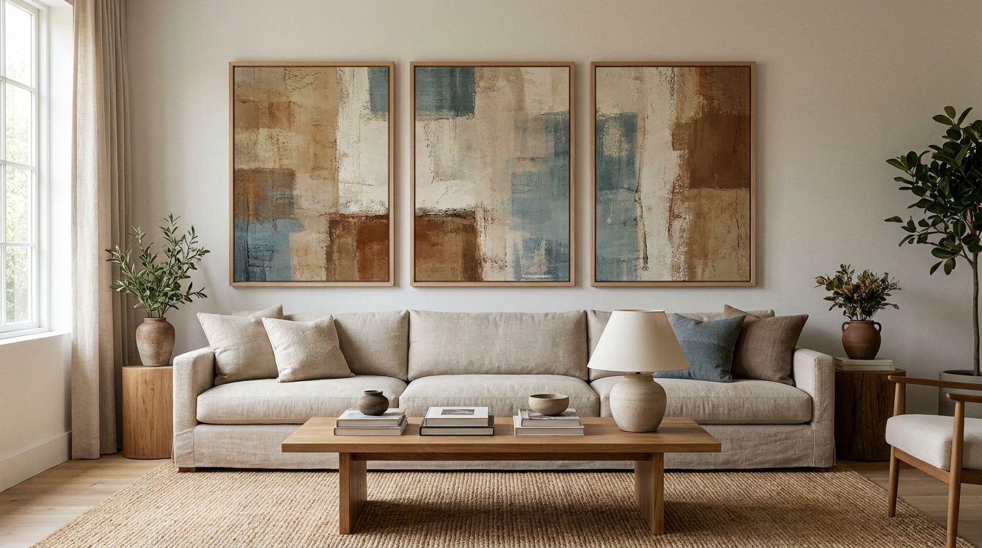 Gallery wall of three framed abstract prints above a beige sofa