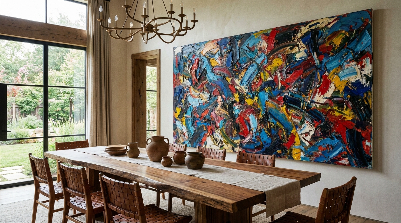 Dining room with an oversized bold abstract canvas on the wall