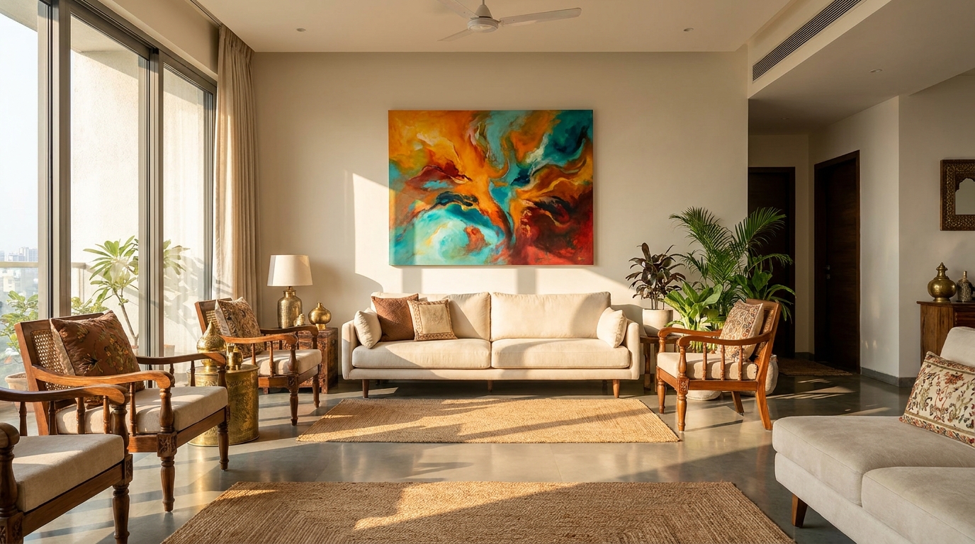 Large colourful abstract canvas above a sofa in a bright living room