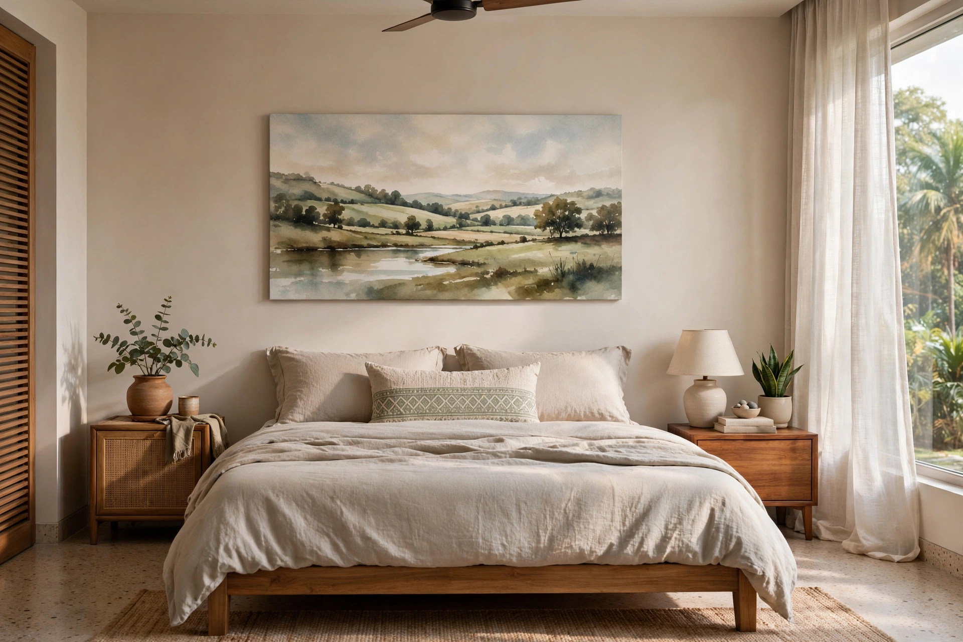 Wide landscape canvas spanning about two-thirds of the bed width above a bed