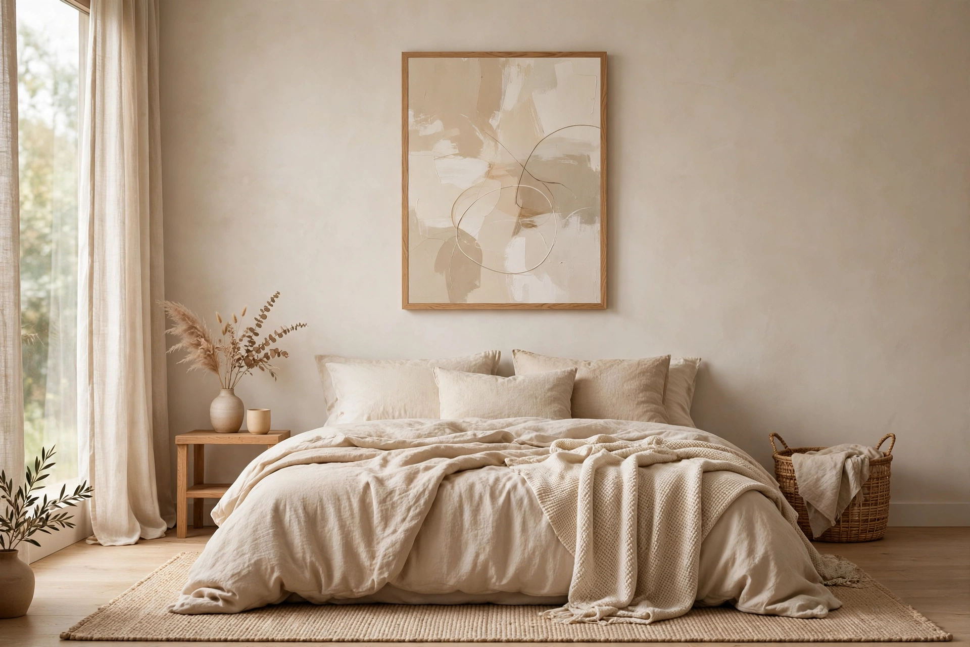 Minimalist beige and neutral bedroom with a soft abstract canvas above the bed
