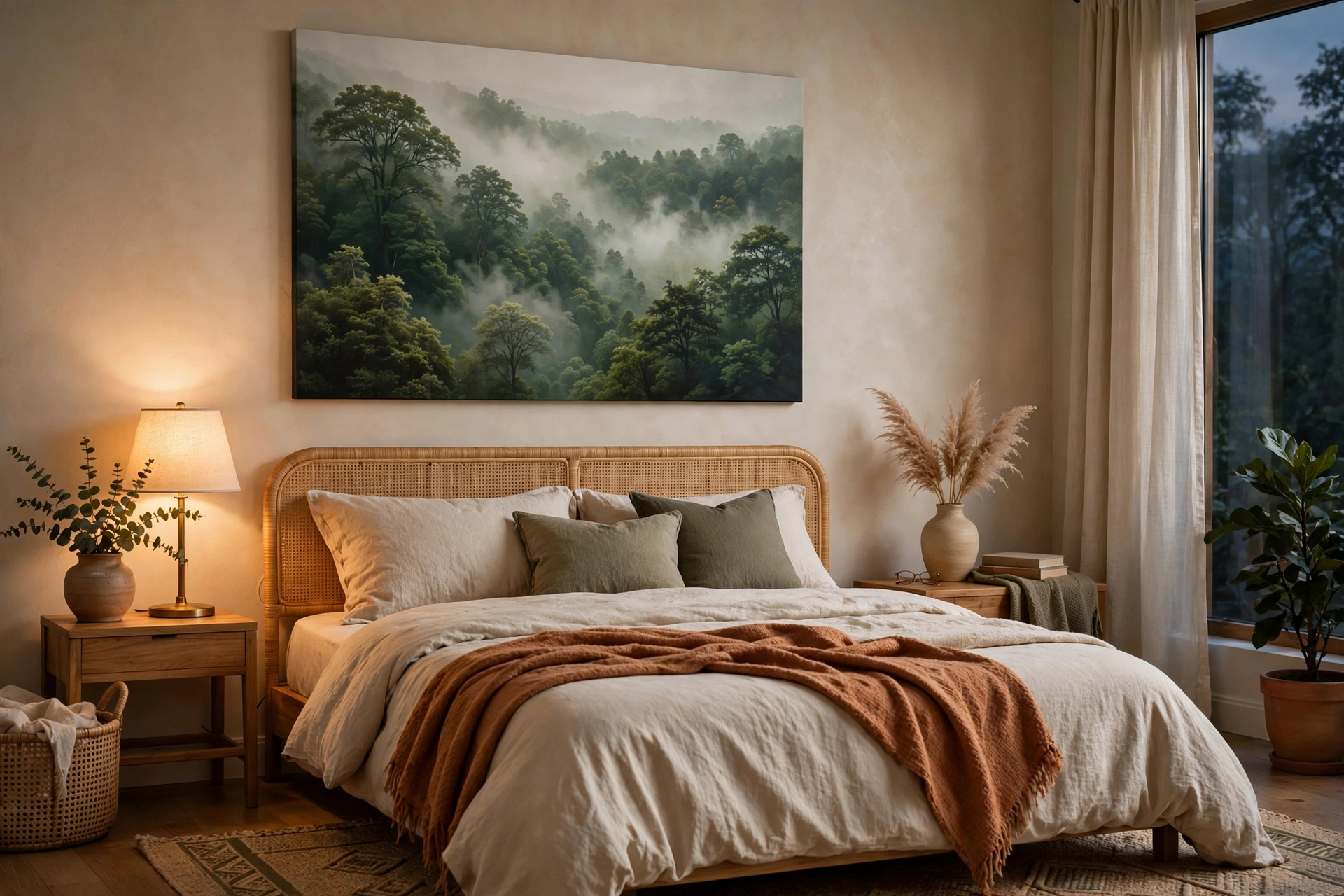 Warm bedroom with a misty forest landscape canvas above a rattan bed