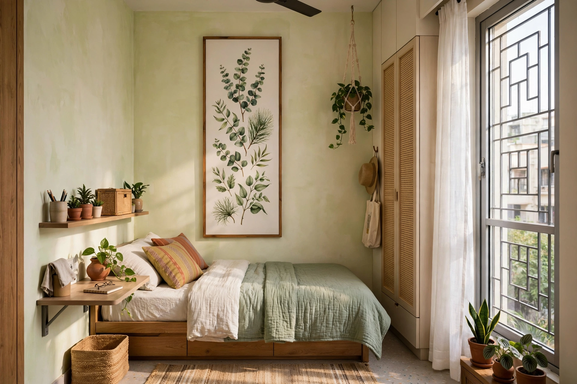 Small bedroom with a tall vertical botanical canvas above the bed