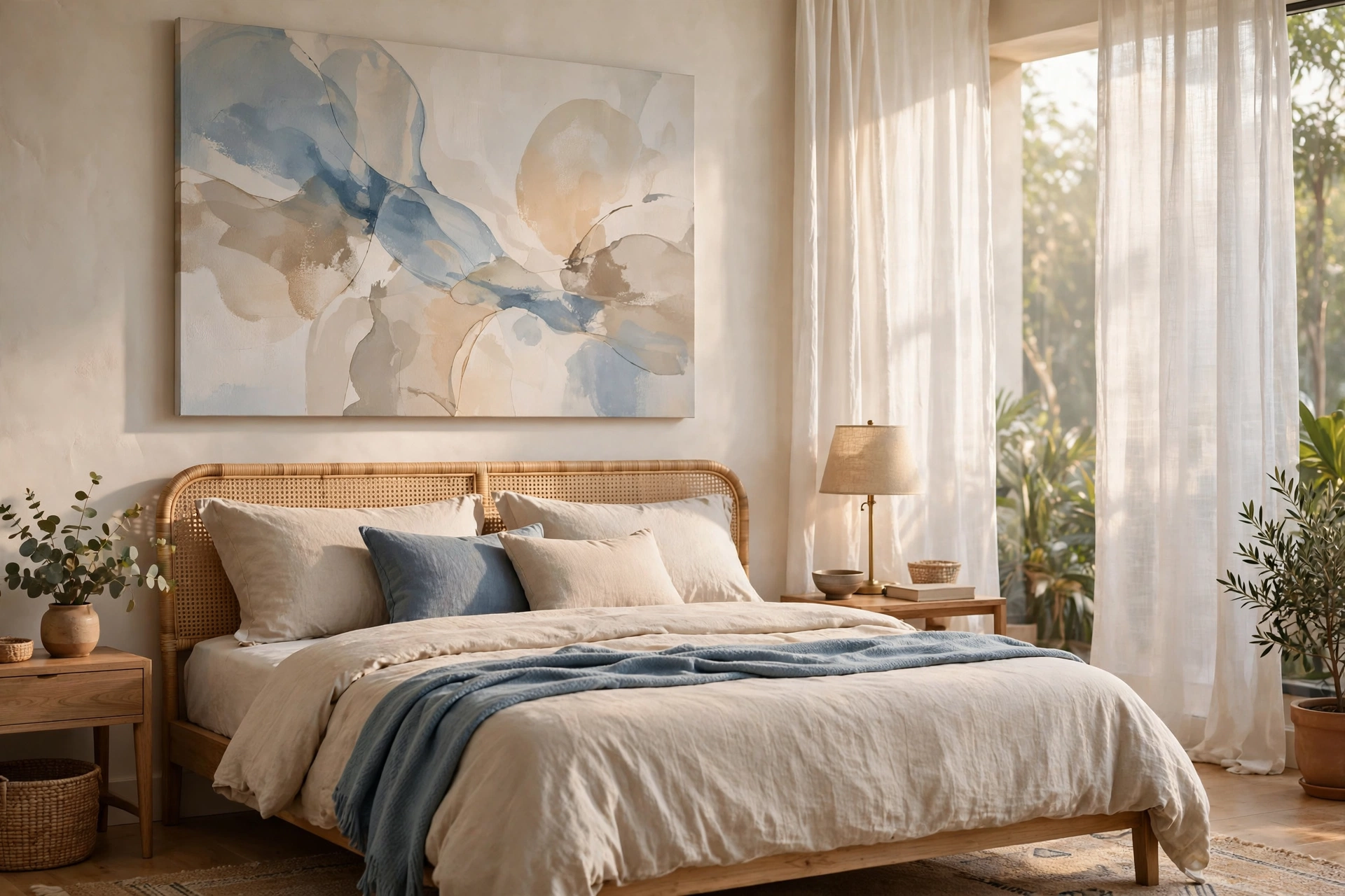 Serene bedroom with a blue and beige abstract canvas above a rattan bed