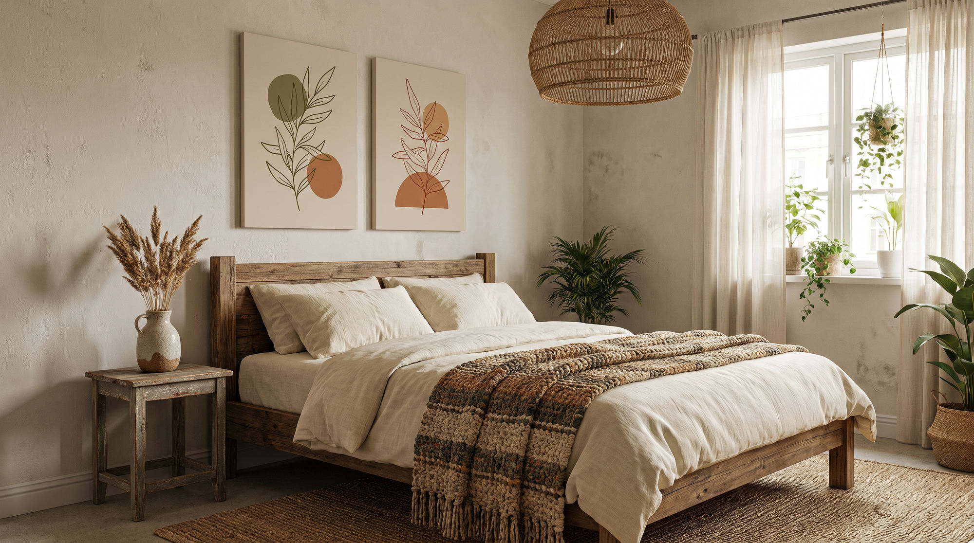 Two abstract botanical canvases in olive and terracotta above a wooden bed with a woven throw, rattan pendant light and jute rug