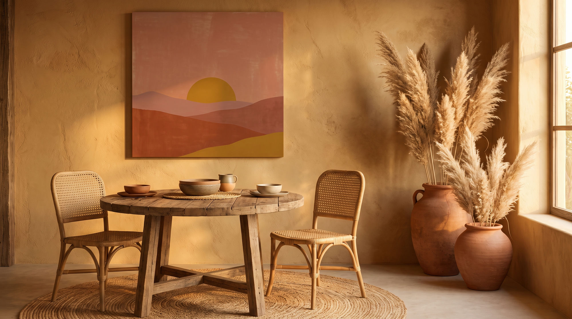 Ochre sunset canvas above a round wooden dining table with cane chairs, pampas grass and terracotta pots on a limewashed wall