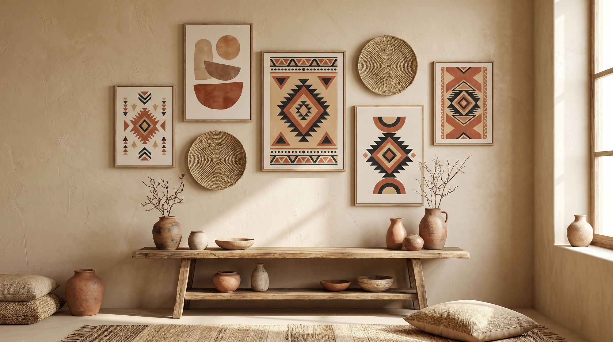 Gallery wall of geometric and boho pattern canvases mixed with woven jute baskets above a wooden bench with clay pottery